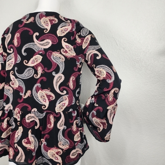WHBM Paisley Black Bell Sleeve Boho Tunic Top Size M - Picture 7 of 13